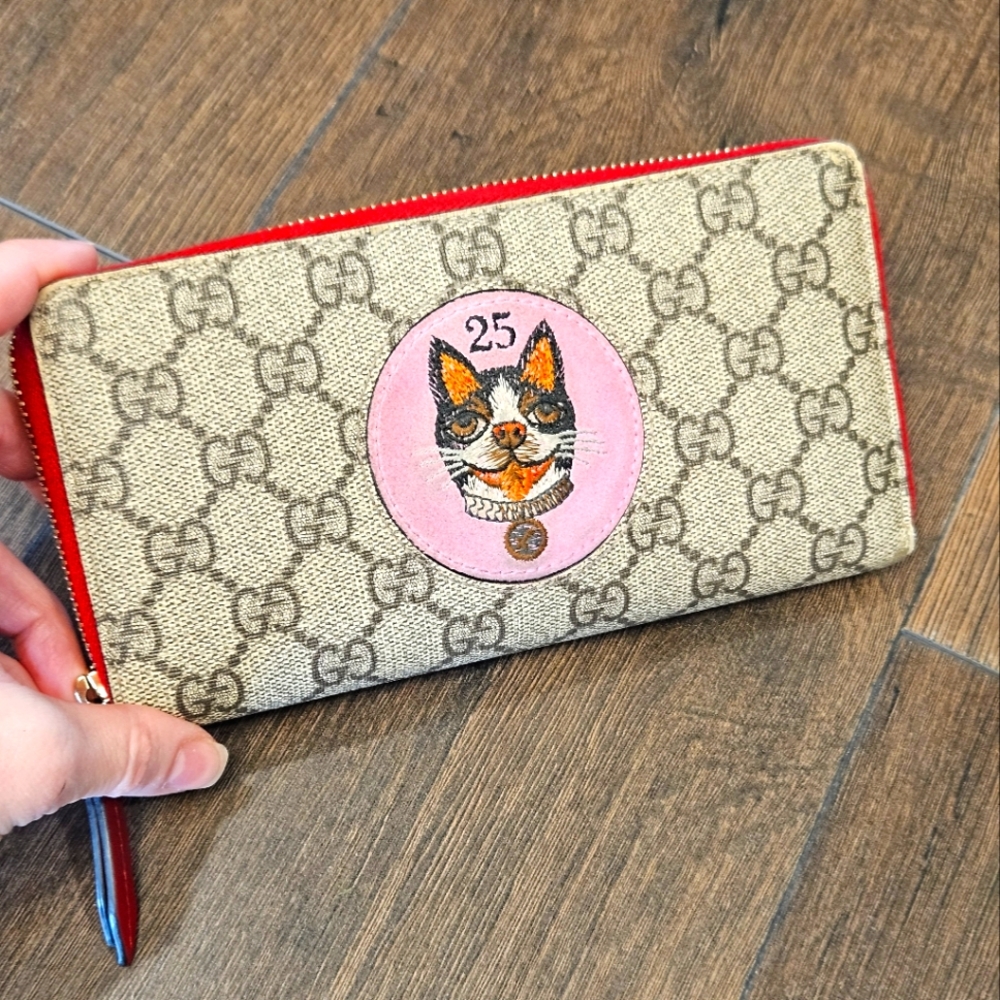 Gucci Beige Monogram Zip Around Wallet with Pink Cat Patch and Red Trim